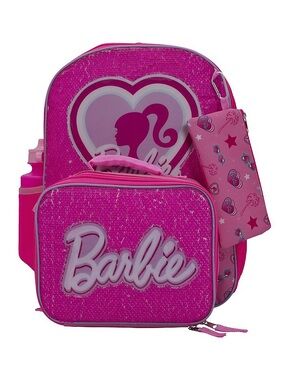 Barbie 5-Piece Pink Glitter Backpack 16” in. Set – Lunch Bag Gadget Case New